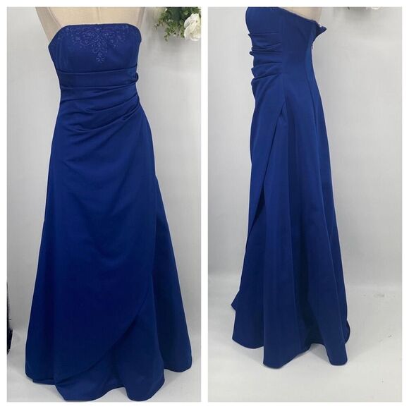 David's‎ Bridal Size 4 Strapless Satin A-Line Ruching Beading Maxi Dress Blue - Picture 1 of 15